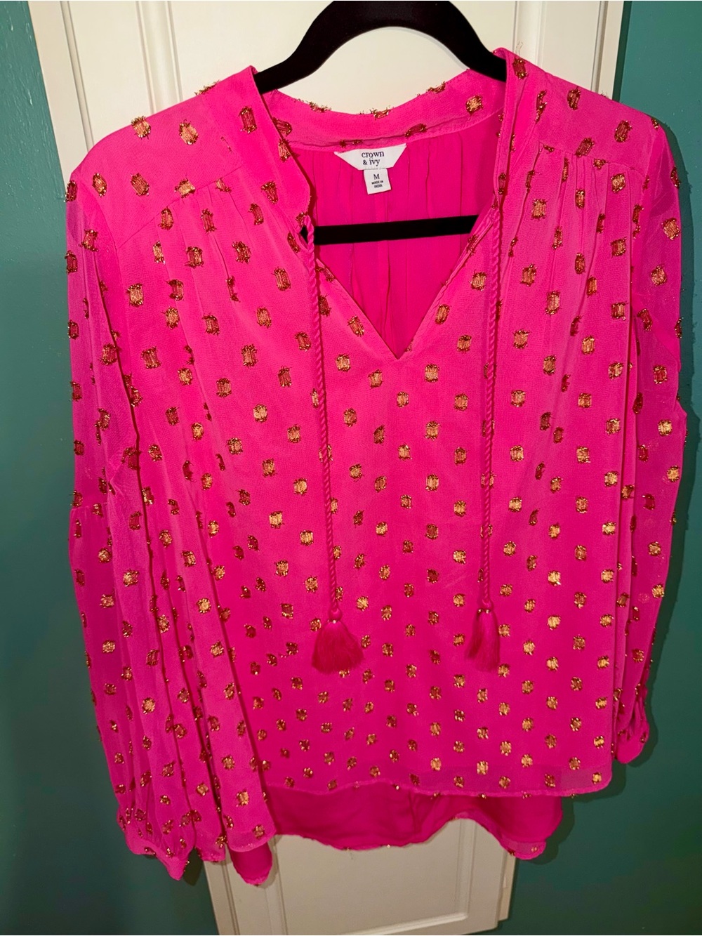 Crown & Ivy Hot Pink Blouse with Gold Metallic Dots
